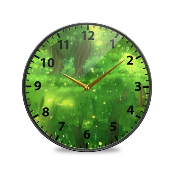 Mystical Green Forest Wall Clock Modern Decor Acrylic Clock Golden Hands 11.9in