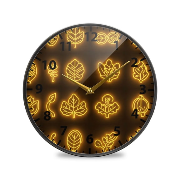 Neon Icons Leaves Wall Clock Modern Decor Acrylic Clock Golden Hands 9.5in