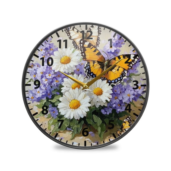 Acrylic Wall and Table Clock Oil Painting Chrysanthemum 9.5in Modern Decor with Golden Hands