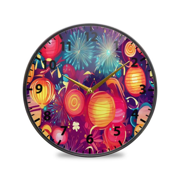 Party Lanterns Fireworks Wall Clock Modern Decor Acrylic Clock Golden Hands 9.5in