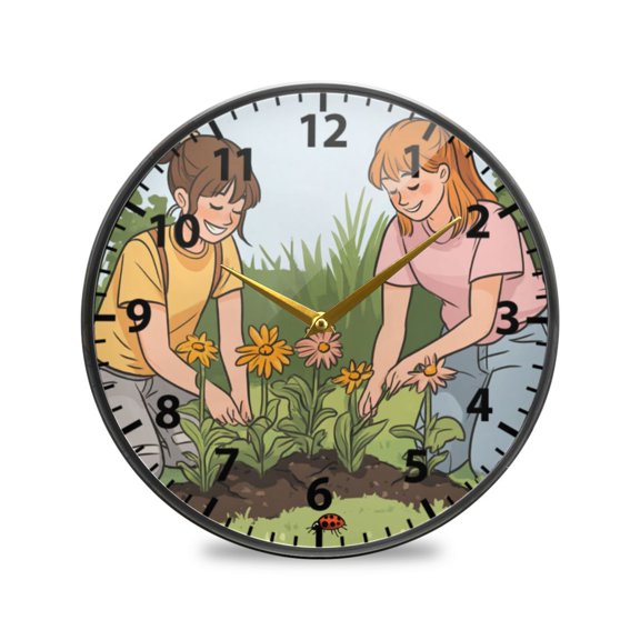 Planting Flowers Wall Clock Modern Decor Acrylic Clock Golden Hands 9.5in