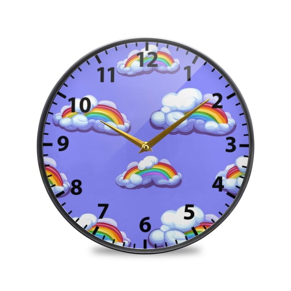Acrylic Wall and Table Clock Rainbow Clouds Pattern 9.5in Modern Decor with Golden Hands