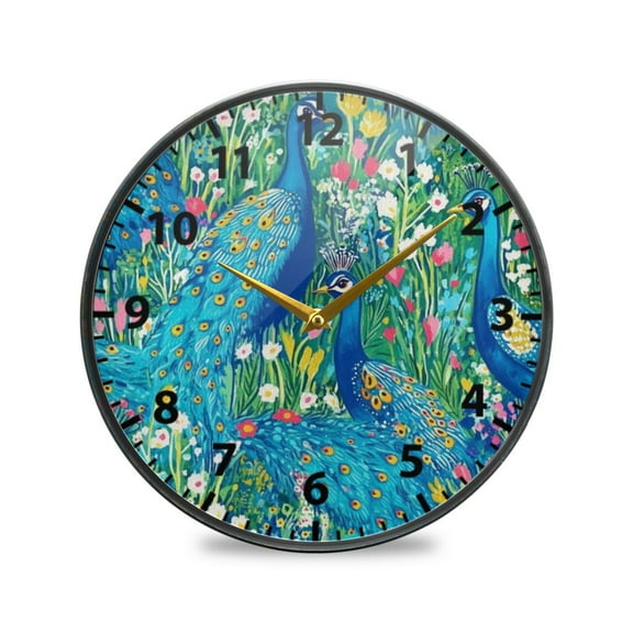 Regal Peacocks Wall Clock Modern Decor Acrylic Clock Golden Hands 9.5in