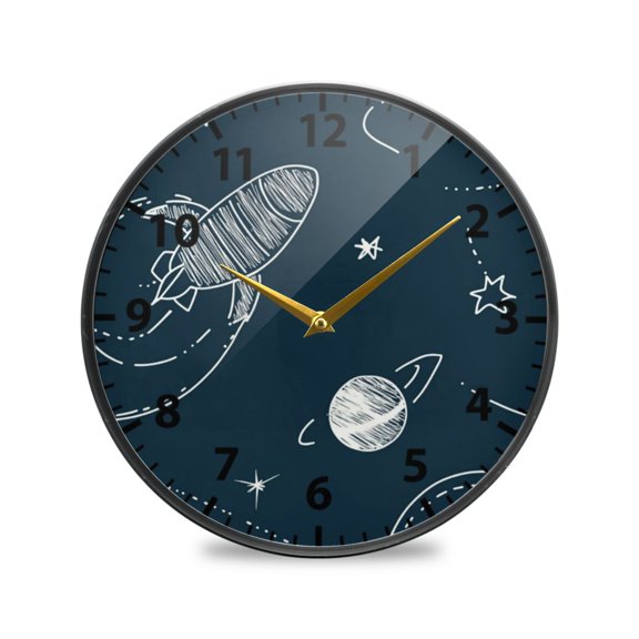 Acrylic Wall and Table Clock Rockets and Planets Pattern 9.5in Modern Decor with Golden Hands