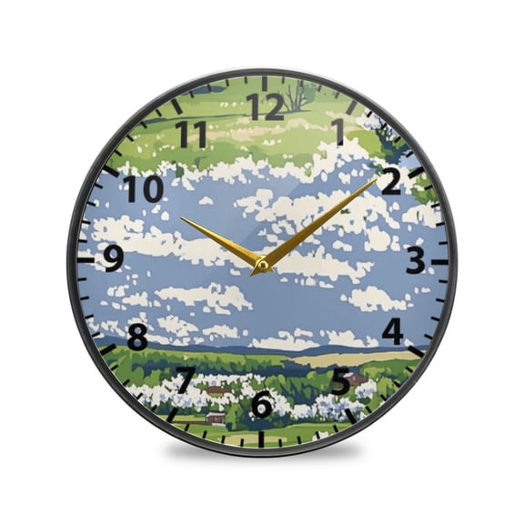 Scenic Spring Landscape Wall Clock Modern Decor Acrylic Clock Golden Hands 9.5in