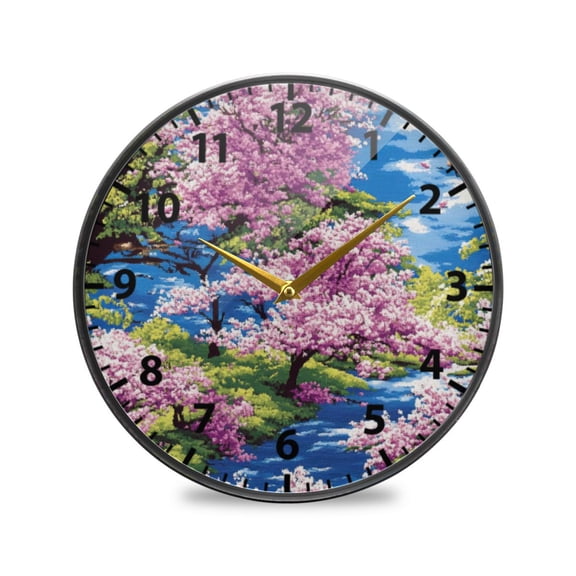 Spring Blossom River Scene Wall Clock Modern Decor Acrylic Clock Golden Hands 9.5in