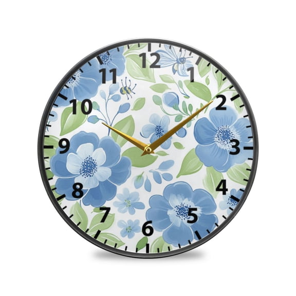 Spring Blue Floral Pattern Wall Clock Modern Decor Acrylic Clock Golden Hands 9.5in