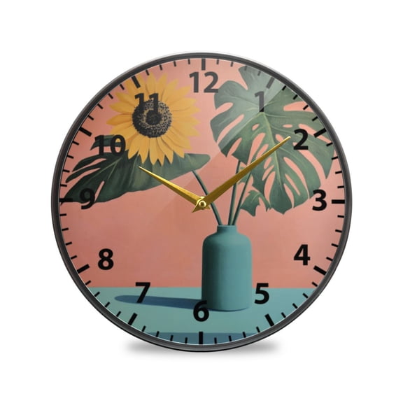 Acrylic Wall and Table Clock Sunflower Flower Pot 9.5in Modern Decor with Golden Hands