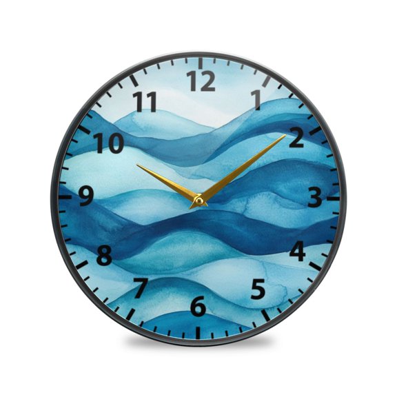 Acrylic Wall and Table Clock Watercolor Waves Pattern 9.5in Modern Decor with Golden Hands