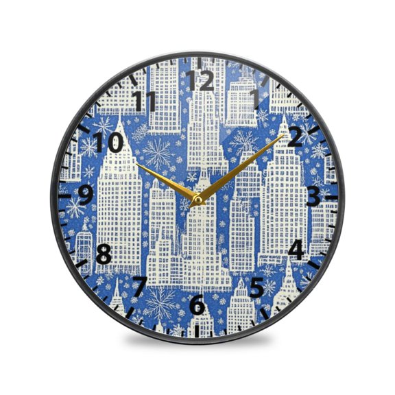 Winter Style City Pattern Wall Clock Modern Decor Acrylic Clock Golden Hands 9.5in