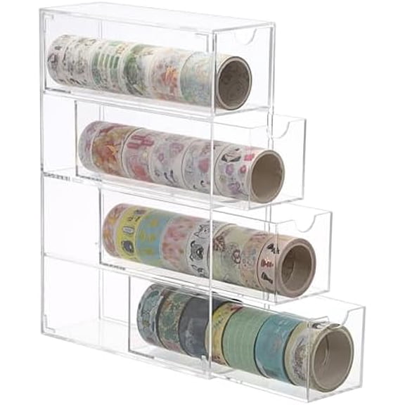 Acrylic Washi Tape Organizer, Clear Washi Tape Storage Holder with 4 Sliding Drawers, Desk Accessories Display Caddy Craft Box, Washi Tape Dispenser for Scrapbooking Art Craft Supplies, 1 Pack