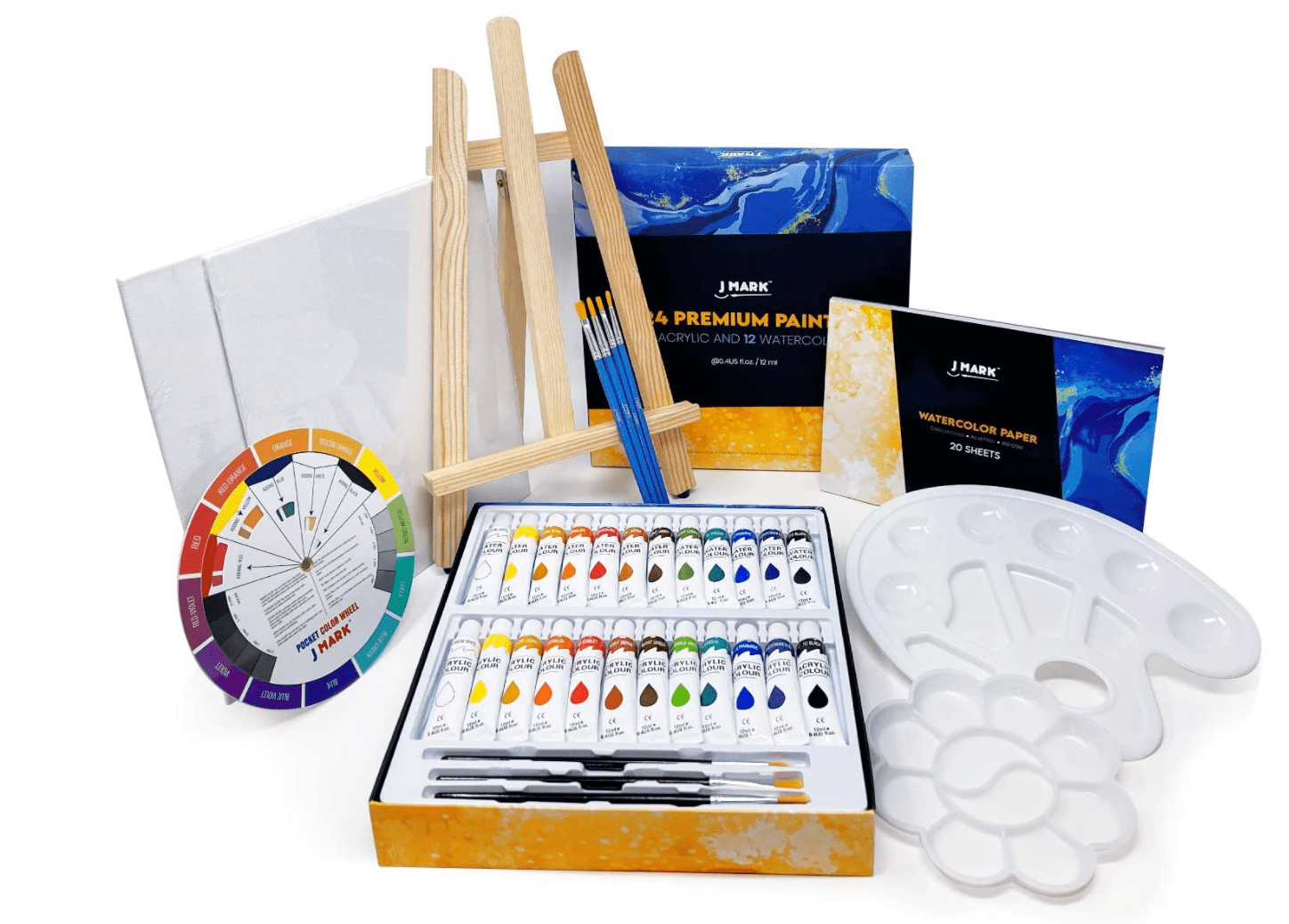 J Mark Art Canvas Paint Set Supplies - 22-Piece Canvas Acrylic Painting Kit with Wood Easel, 8x10 inch Canvases, 12 Non Toxic Washable Paints, 5 Brush