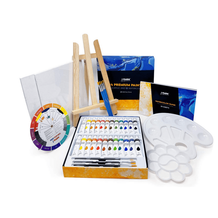 J MARK 48pc Deluxe Painting Kits for Adults - Includes Adjustable Wood  Easel, Thick Canvases, Acrylic Paints, Brushes Set,Wooden and Plastic  Palettes