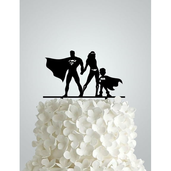 Acrylic Wedding Cake Topper Inspired by Superman and Wonder Woman + bat boy