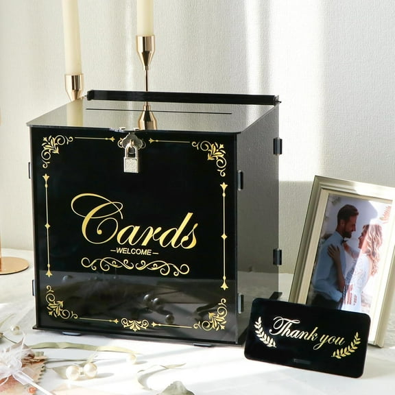 Acrylic Wedding Card Box with Lock, Black Gift Card Box for Reception, DIY Wedding Envelope Money Card Box for Graduation Party Birthday Baby Shower Wedding Decorations