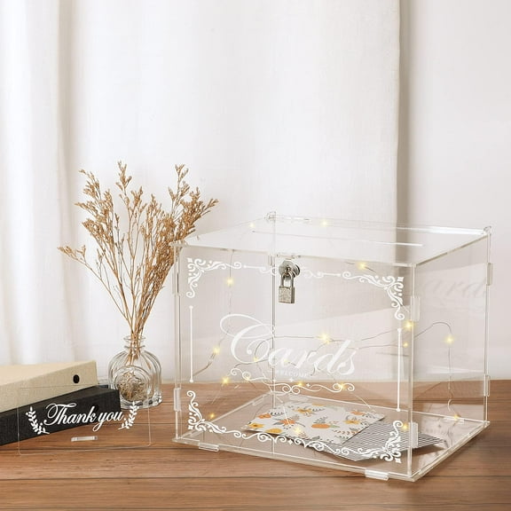 Acrylic Wedding Card Box Money Post Gift Box Holder, Clear Card Box Large Letter Envelope Boxes with Lock and Slot for Reception Anniversary Birthday Party Baby Shower (Without String Light)