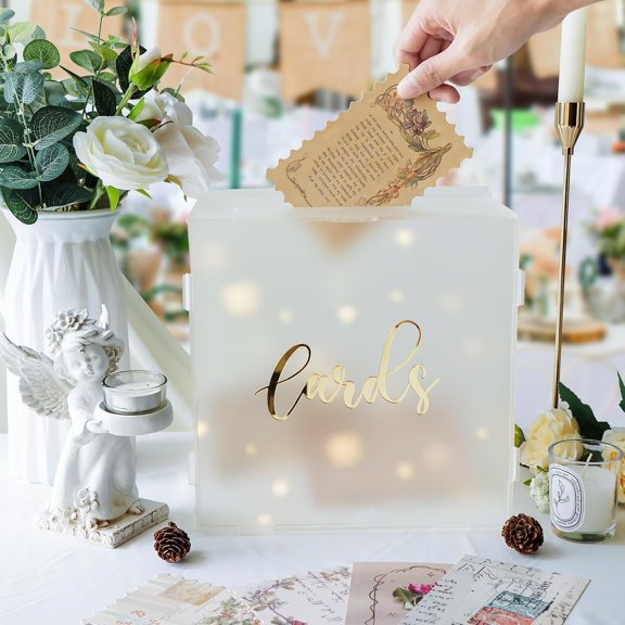Acrylic Wedding Card Box with String Light, Frosted Gift Card Box for Wedding Decorations for Reception, Money Box for Bridal Shower Decorations Party Reception Anniversary