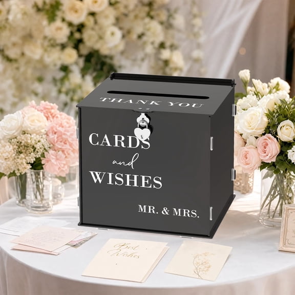 Acrylic Wedding Card Box with Heart Lock and Key Mirror Decorative Card Holder with Slot for Party Anniversary Graduation,Black