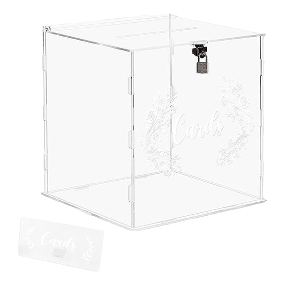 Acrylic Wedding Cards Box Money Gift Holder Box Decoration Wedding Keepsake Box with Lock for Wedding Reception Anniversary Graduation, 9.84x9.84'' With Printed