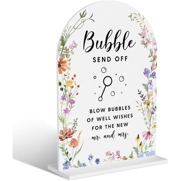 Acrylic Wedding Signs, Bubble Send Off Signs for Marriage Reception, Bridal Shower Decorations, Modern Arched Round Top Acrylic Table Top Sign with Holder for Wedding Party Dinner