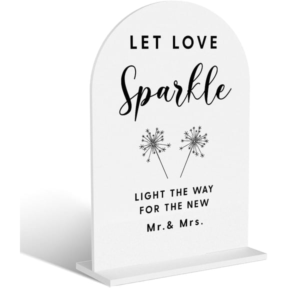 Acrylic Wedding Signs, Let Love Sparkle Signs for Marriage Reception, Bridal Shower Decorations, Modern Arched Round Top Acrylic Table Top Sign with Holder for Wedding Party Dinner (White)