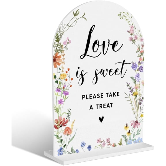 Acrylic Wedding Signs, Love is Sweet Signs for Marriage Reception, Bridal Shower Decorations, Modern Arched Round Top Acrylic Table Top Sign with Holder for Wedding Party Dinner