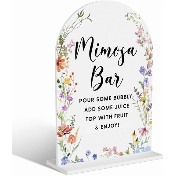 Acrylic Wedding Signs, Mimosa Bar Signs for Marriage Reception, Bridal Shower Decorations, Modern Arched Round Top Acrylic Table Top Sign with Holder for Wedding Party Dinner