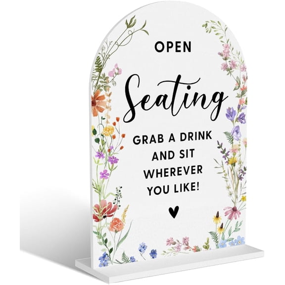 Acrylic Wedding Signs, Open Seating Signs for Marriage Reception, Bridal Shower Decorations, Modern Arched Round Top Acrylic Table Top Sign with Holder for Wedding Party Dinner