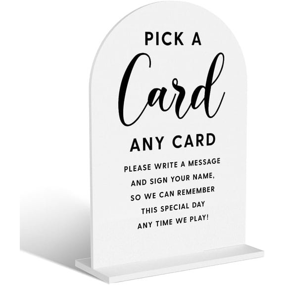 Acrylic Wedding Signs, Pick A Card Signs for Marriage Reception, Bridal Shower Decorations, Modern Arched Round Top Acrylic Table Top Sign with Holder for Wedding Party Dinner (White)