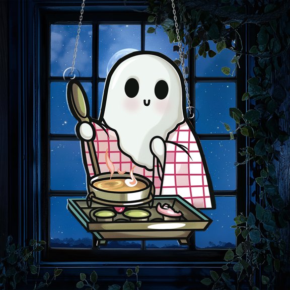 Acrylic Window Hanging, Adorable Ghost Chef with Stained Glass Design – Unique Kitchen Decor, Ideal Gift for Halloween Enthusiasts