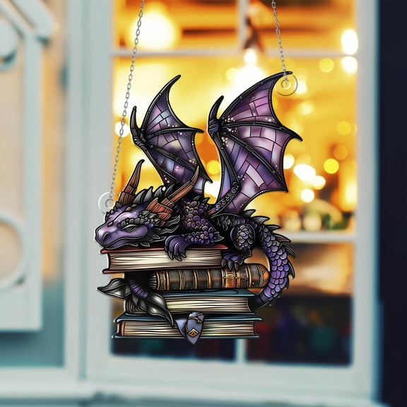 Acrylic Window Hanging, Adorable Sleeping Dragon on Books in 2D Stained Glass Style, Perfect for Fantasy and Book Lovers