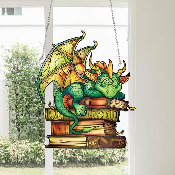 Acrylic Window Hanging, Adorable Sleeping Dragon on Books in 2D Stained Glass Style, Perfect for Fantasy and Book Lovers