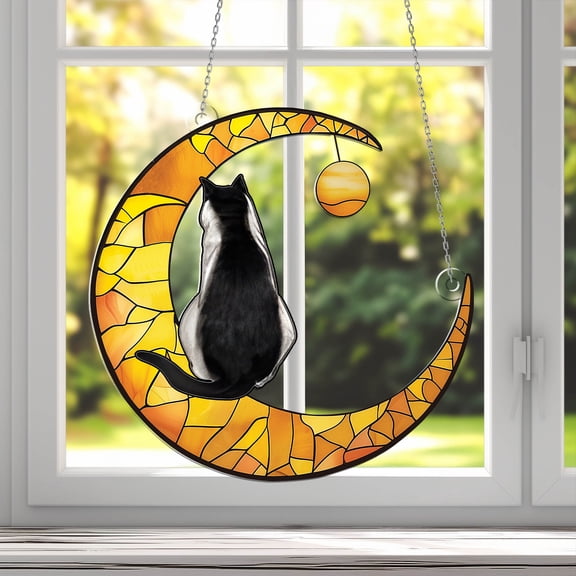 Acrylic Window Hanging, Cat on Crescent Moon Stained Glass Style – Cozy Celestial Home Decor