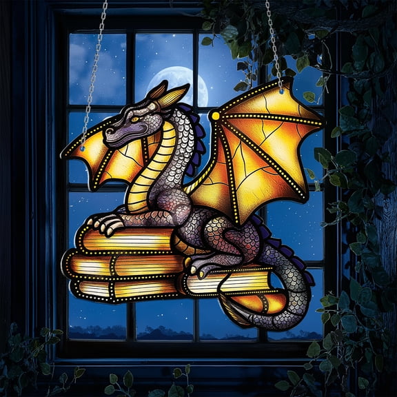 Acrylic Window Hanging, Dragon on Books Stained Glass Style – Magical Decor for Fantasy and Book Lovers