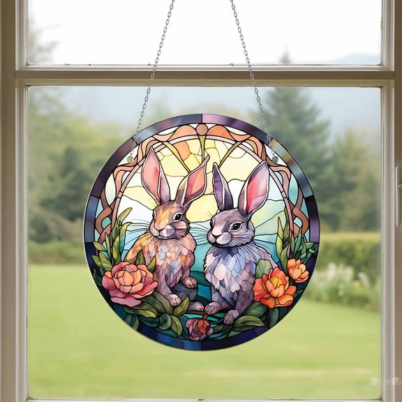 Acrylic Window Hanging, Easter Rabbit with Floral and Egg Accents, Stained Glass Style, Festive Home Decor