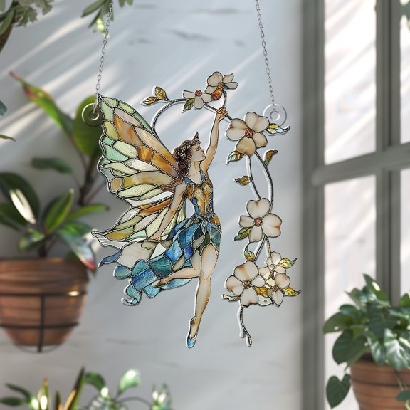 Acrylic Window Hanging, Fairy Flying Among Flowers - 2D Stained Glass Style for Enchanting Home Decor