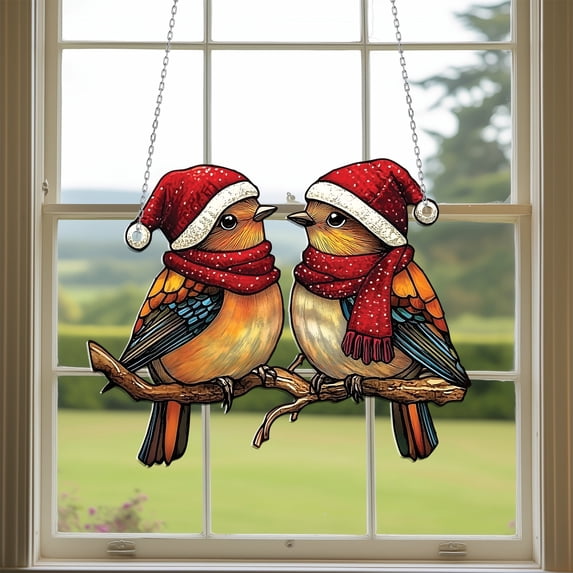 Acrylic Window Hanging, Festive Birds with Santa Hats in 2D Stained Glass Style, Perfect for Home Decoration, Gift for Parents