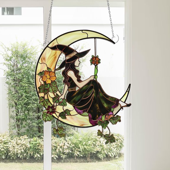 Acrylic Window Hanging, Mystical Witch with Floral Crescent Moon Stained Glass Design – Unique Home Accent for Halloween