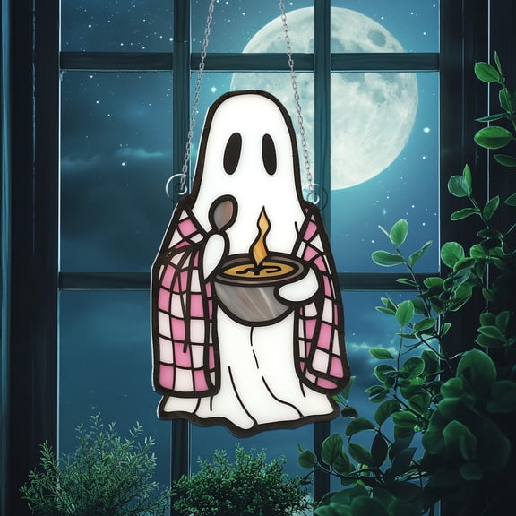 Acrylic Window Hanging, Spooky Ghost with Potted Plants Stained Glass Style – Charming Decor for Halloween or All Year Round