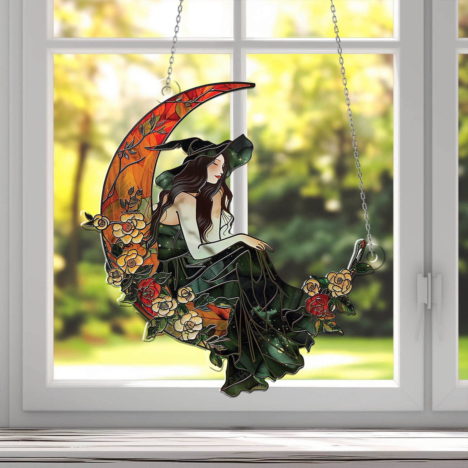Acrylic Window Hanging, Witch on the Moon with Floral Design
