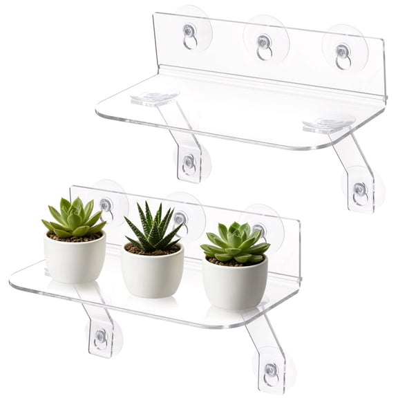 2 Pcs Clear Acrylic Floating Window Plant Shelves, 11.8 x 5.0 in Wall Mounted Succulent Planter Display Rack with 4 Load-Bearing Legs, 14 Suction Cups for Indoor Garden Space Saving Organization