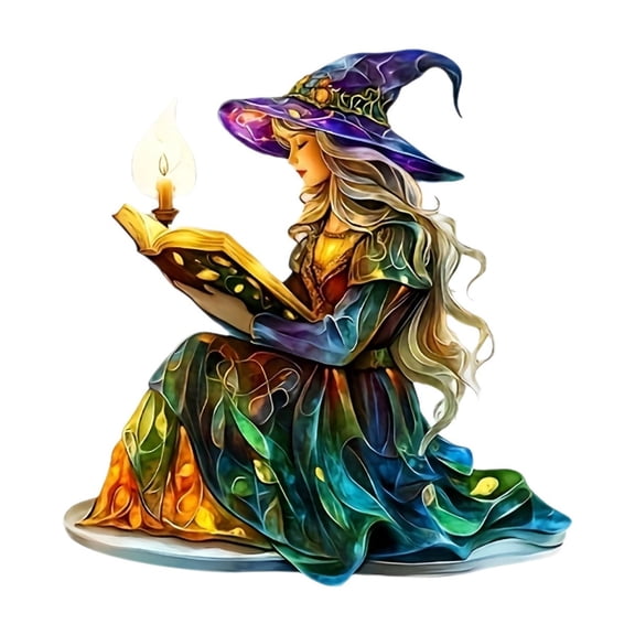 Acrylic Witch Reading Book Figurine 2D Desktop Decor with Mystical Spellbook Design for Halloween and Gothic Lovers