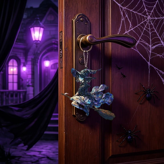 Acrylic Witch Wall Art Hanging Ornament Blue Halloween Window Garden Decoration Pendant with Metal Buckle, 3.94 Inch Transparent Wear-Resistant Hanging Decor for Home Halloween Party and Gift