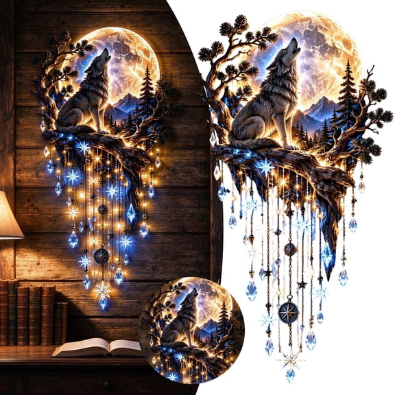 Acrylic Wolf Moon Wall Decor Light with Remote 2D Flat LED Hanging Wall Art Lamp, Forest Howling Wolf Night Light for Bedroom Living Room, 30x18cm (1PC)