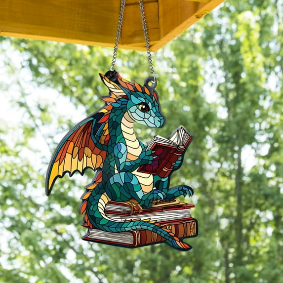 Acrylic Woodland Dragon and Book Window Hanging, Book Dragon Suncatcher, Book Lover Gift, Bookish Home Decor, Librarian Gift, Dragon Book