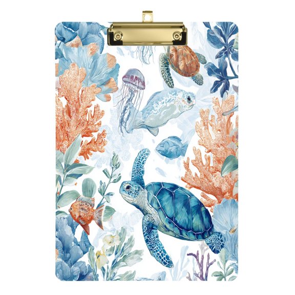 Acrylic Writing Board Silver 12.5*9 Inch Clipboards Transparent Acrylic Material Suitable For Office Classroom Teachers Fashion Bloggers Stationery Enthusiasts Turtle Coral Reef