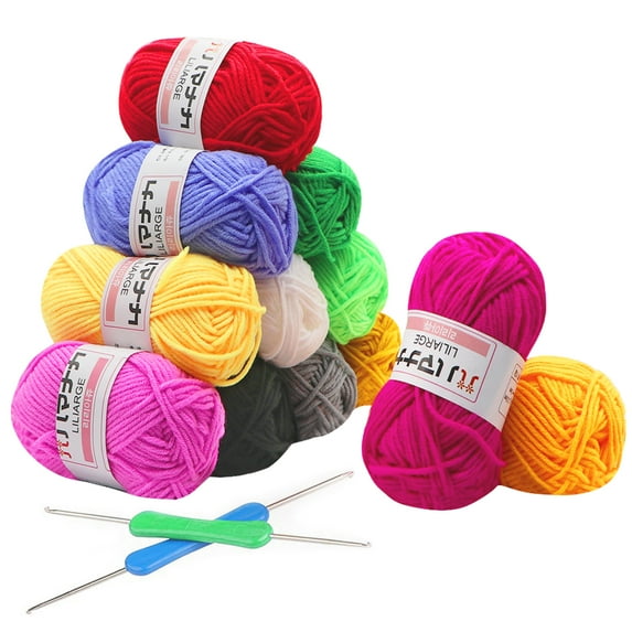 Acrylic Yarn 12 Colors Craft Yarn for Knitting Cotton Crochet Yarn for Beginner Kit Includes 2 Crochet Hooks