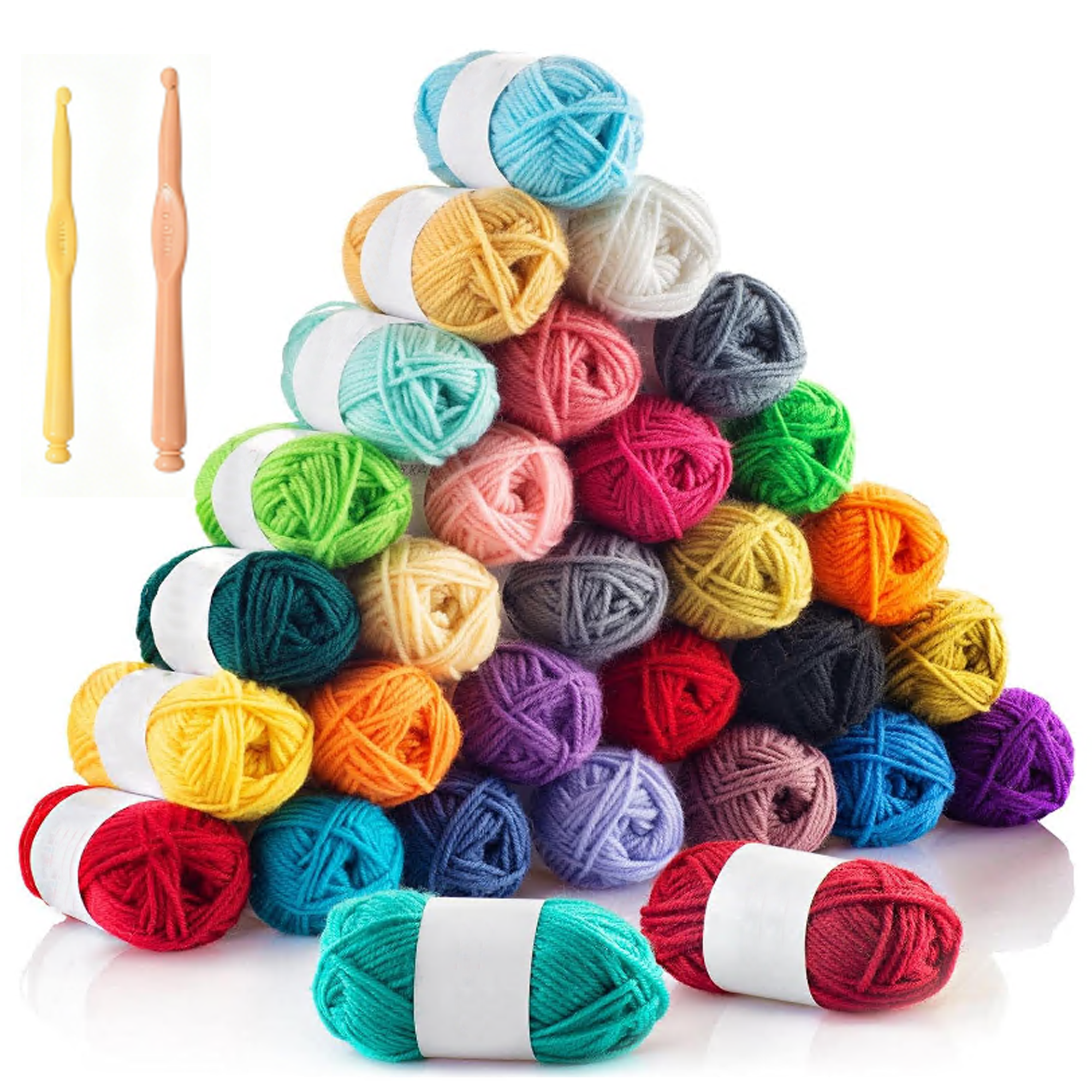 Acrylic Yarn Kit, 30 Skeins, 1300 Yards, Multicolor, Includes 2 Crochet Hooks