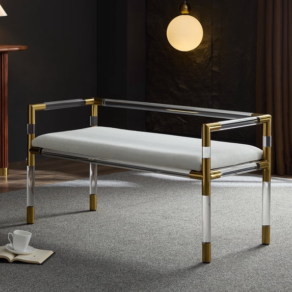 Acrylic and Gold Stainless Steel Combination Bench for Bedroom or Entryway, Extra Seat for Living Room(Ivory)