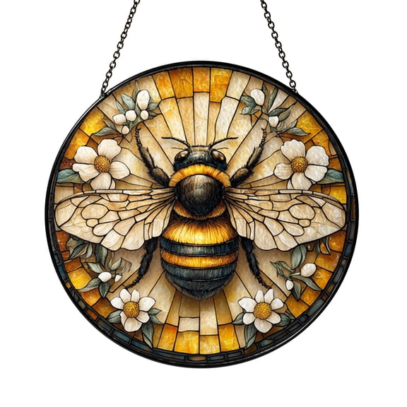 Acrylic bumble bee suncatcher with dried flowers, nature inspired window decor for garden lovers